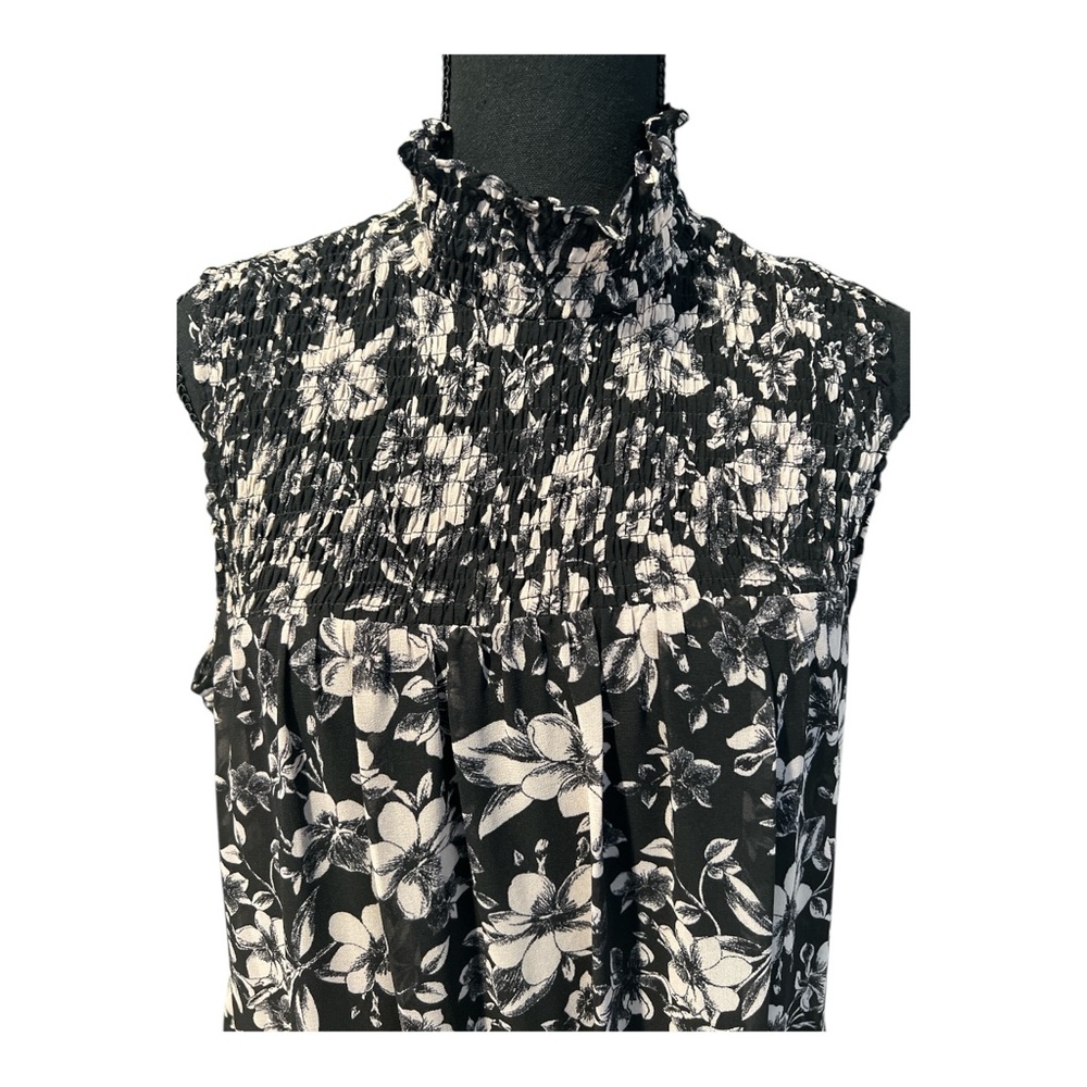 Just Taylor Sleeveless Mock Neck Smocked Floral Print A-line Chiffon Dress, Sz14 - Picture 4 of 15